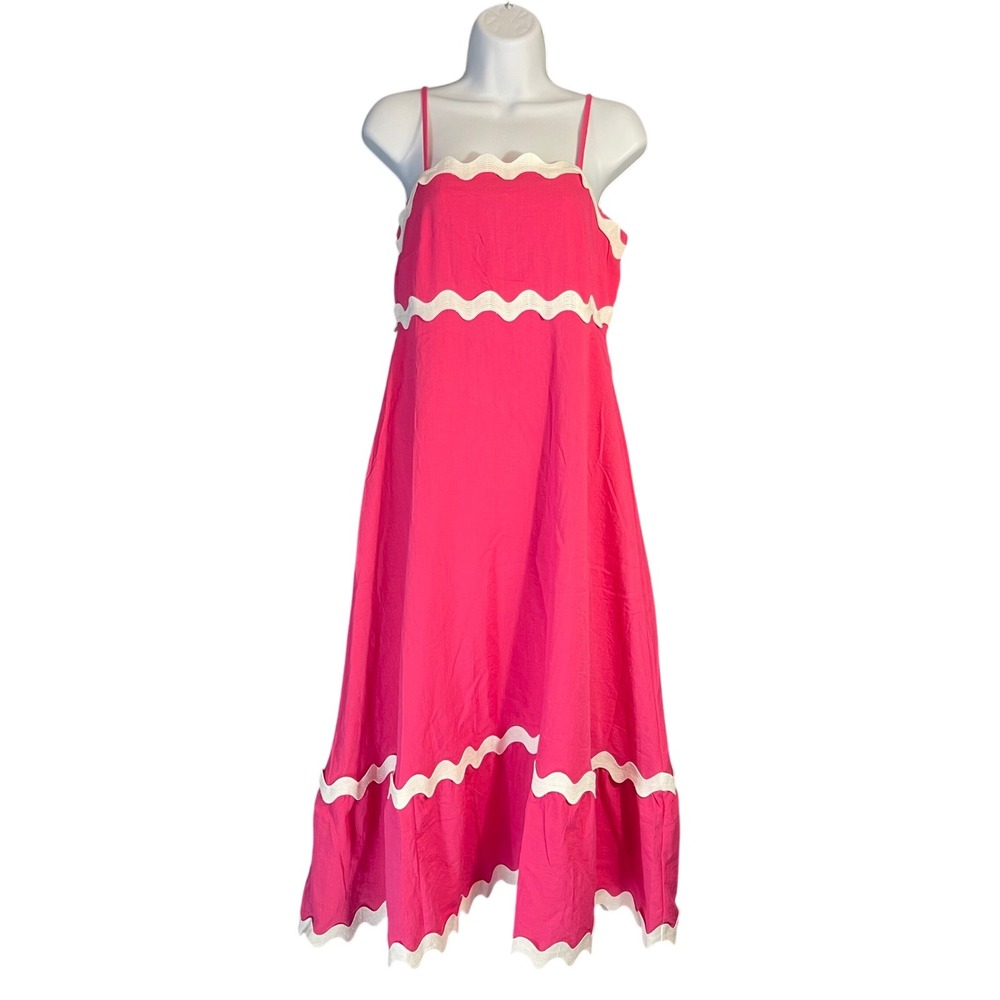 Kirundo Ric Rac Midi Dress Womens Small Pink NWT Smocked Back Tiered‎ Hem Bright